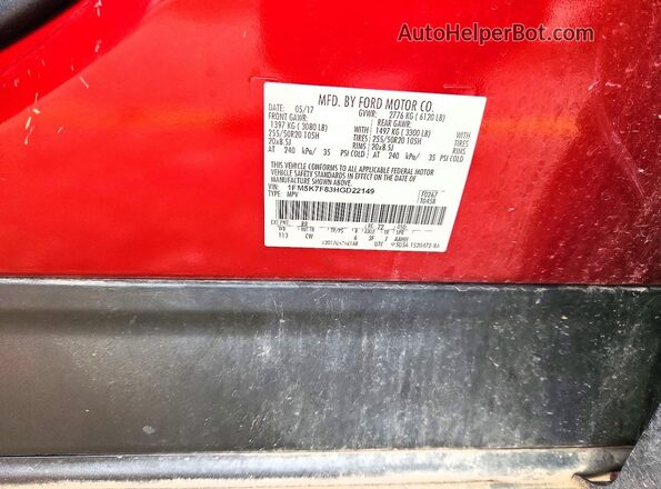 1FM5K7F83HGD22149 2017 FORD EXPLORER Red VIN sticker view