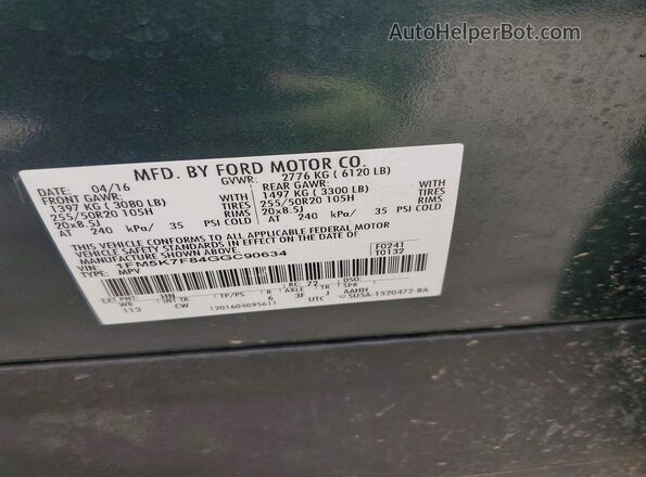 1FM5K7F84GGC90634 2016 FORD EXPLORER Gray VIN sticker view