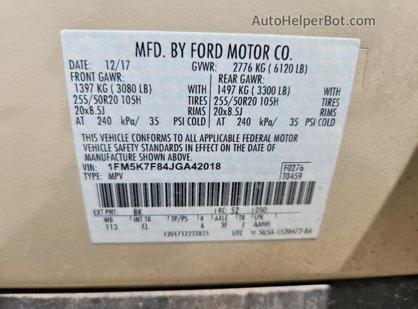 1FM5K7F84JGA42018 2018 FORD EXPLORER Бежевый Вид наклейки с VIN-кодом
