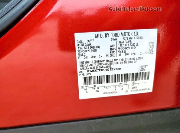 1FM5K7F85HGE22320 2017 FORD EXPLORER Burgundy VIN sticker view