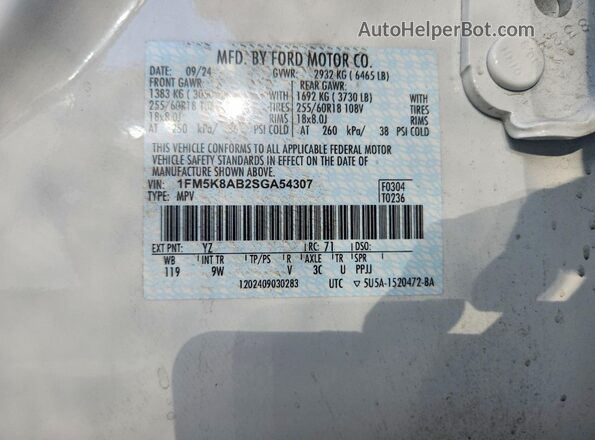 1FM5K8AB2SGA54307 2025 FORD EXPLORER White Widok naklejki z numerem VIN