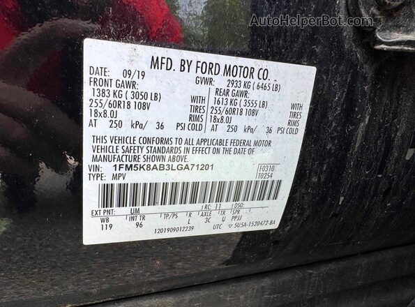 1FM5K8AB3LGA71201 2020 FORD EXPLORER Черный Вид задних сидений