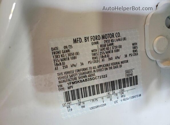 1FM5K8AB3SGC72322 2025 FORD EXPLORER White Vista de la etiqueta del VIN