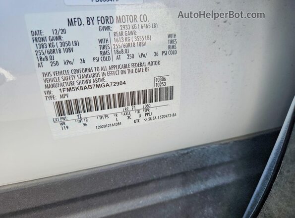 1FM5K8AB7MGA72904 2021 FORD FORD EXPLORER White Շարժիչի բաժամունքի տեսք