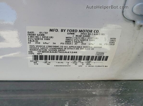 1FM5K8AB7NGA41248 2022 FORD EXPLORER Белый Вид наклейки с VIN-кодом