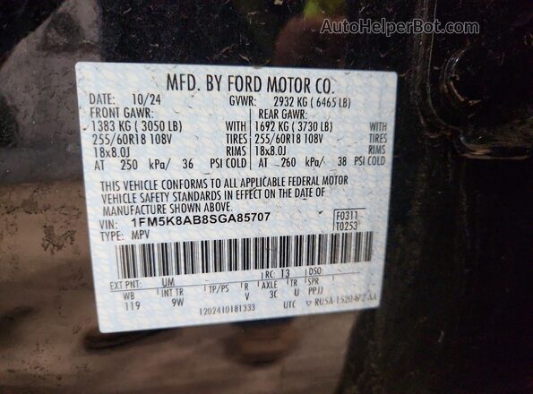 1FM5K8AB8SGA85707 2025 FORD EXPLORER Black Widok naklejki z numerem VIN