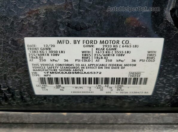 1FM5K8AB9MGA65372 2021 FORD EXPLORER Black Widok naklejki z numerem VIN