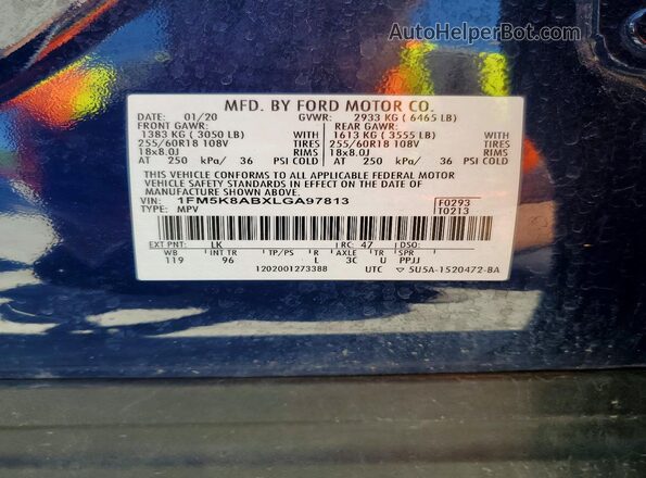 1FM5K8ABXLGA97813 2020 FORD EXPLORER Синий Вид наклейки с VIN-кодом