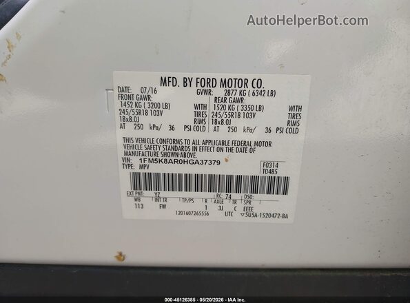 1FM5K8AR0HGA37379 2017 FORD UTILITY POLICE INTERCEPTOR White Вид підкапотного простору
