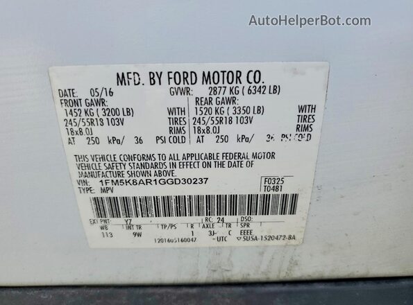 1FM5K8AR1GGD30237 2016 FORD EXPLORER Белый Вид наклейки с VIN-кодом