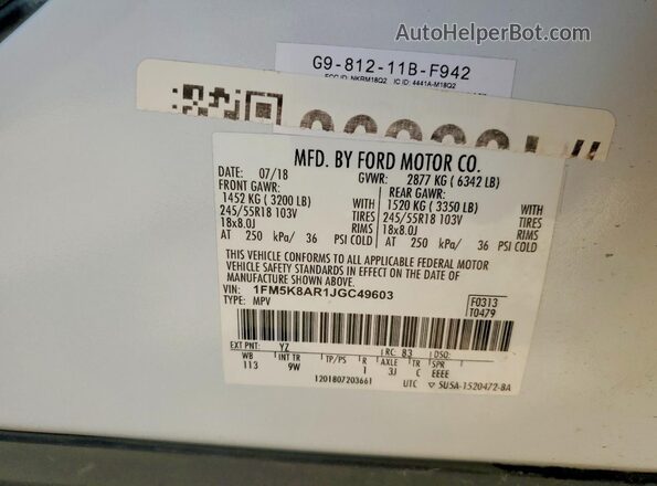 1FM5K8AR1JGC49603 2018 FORD EXPLORER Белый Вид подкапотного пространства