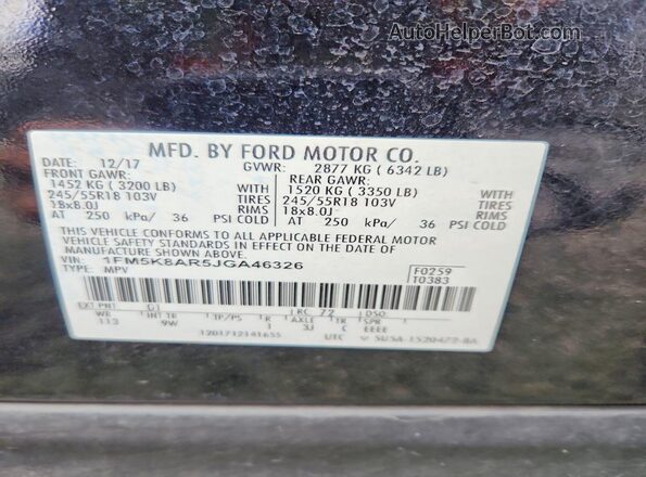 1FM5K8AR5JGA46326 2018 FORD FORD EXPLORER Белый Вид наклейки с VIN-кодом