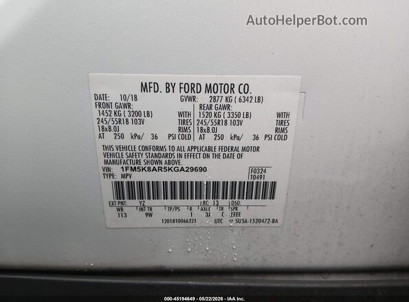 1FM5K8AR5KGA29690 2019 FORD POLICE INTERCEPTOR White Widok komory silnika
