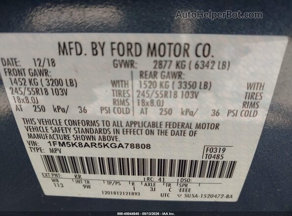 1FM5K8AR5KGA78808 2019 FORD POLICE INTERCEPTOR Blue Vista del compartimento del motor