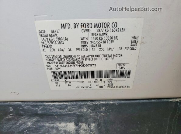 1FM5K8AR7HGD57573 2017 FORD EXPLORER White Вид наклейки з VIN-кодом