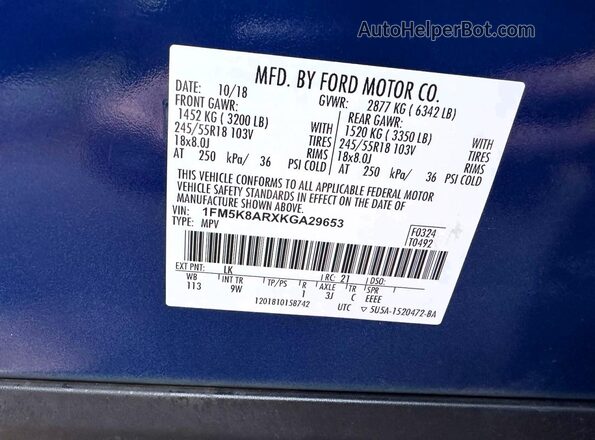 1FM5K8ARXKGA29653 2019 FORD EXPLORER Синий Вид задних сидений