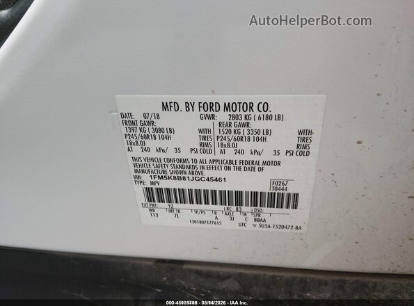 1FM5K8B81JGC45461 2018 FORD EXPLORER Белый Вид подкапотного пространства
