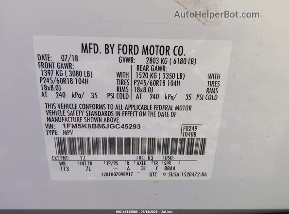 1FM5K8B86JGC45293 2018 FORD EXPLORER White Widok naklejki z numerem VIN