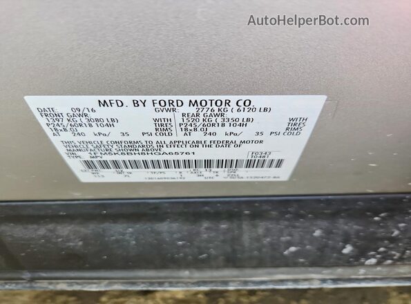 1FM5K8BH8HGA65761 2017 FORD FORD EXPLORER Серебряный Вид наклейки с VIN-кодом