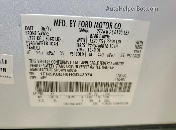 1FM5K8BH8HGD42974 2017 FORD EXPLORER White VIN sticker view