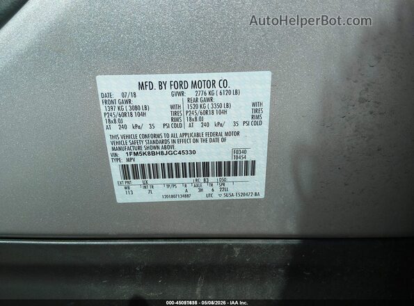 1FM5K8BH8JGC45330 2018 FORD EXPLORER Серый Вид подкапотного пространства