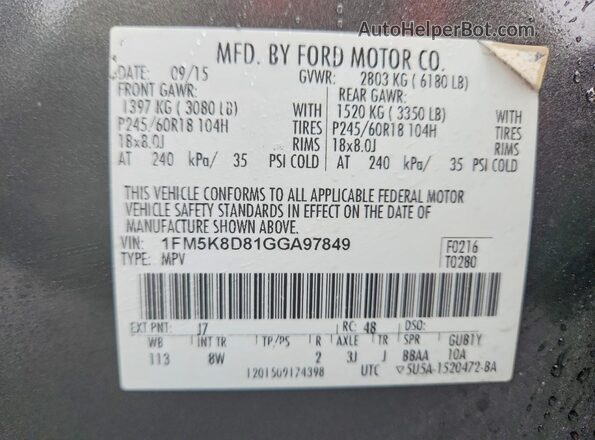 1FM5K8D81GGA97849 2016 FORD FORD EXPLORER Угольный Вид наклейки с VIN-кодом