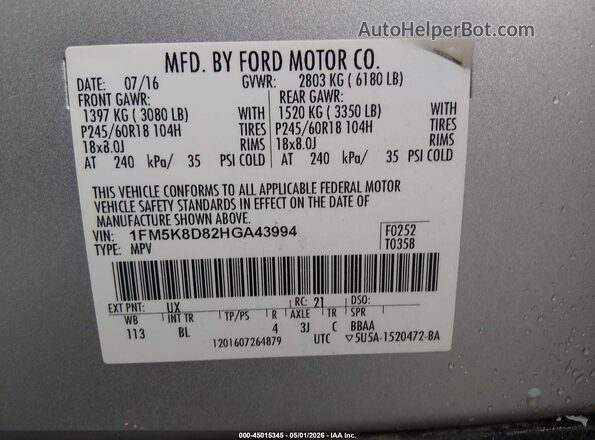 1FM5K8D82HGA43994 2017 FORD FORD EXPLORER Серебряный Вид подкапотного пространства