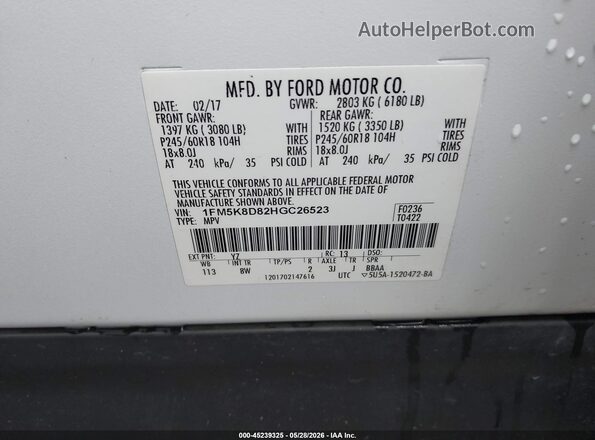1FM5K8D82HGC26523 2017 FORD EXPLORER Белый Вид подкапотного пространства