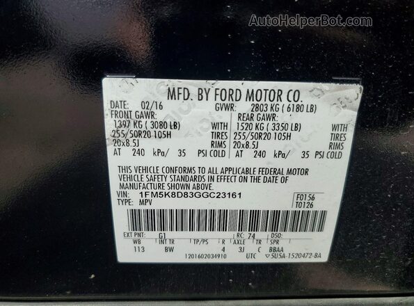 1FM5K8D83GGC23161 2016 FORD EXPLORER Black Widok wnętrza 360 stopni
