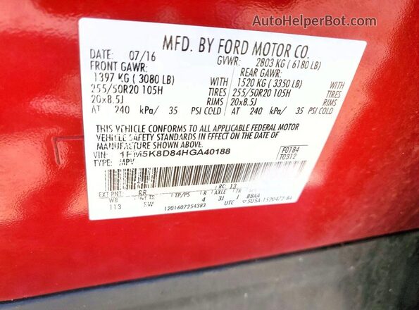 1FM5K8D84HGA40188 2017 FORD EXPLORER Red Вид наклейки з VIN-кодом