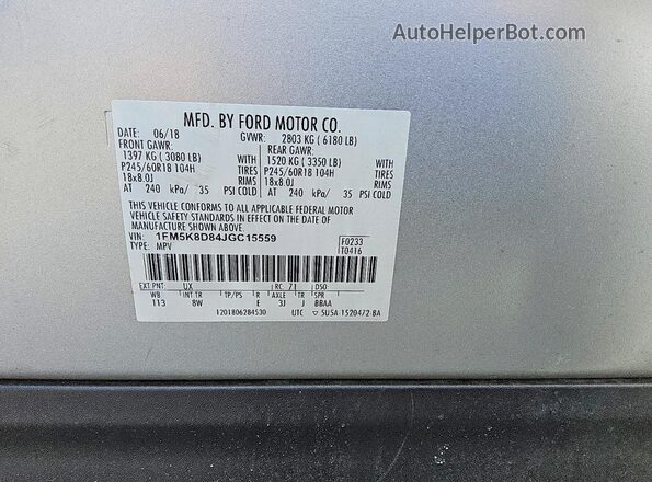 1FM5K8D84JGC15559 2018 FORD EXPLORER Серебряный Вид наклейки с VIN-кодом