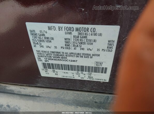 1FM5K8D85GGC12467 2016 FORD EXPLORER Бордовый Вид подкапотного пространства