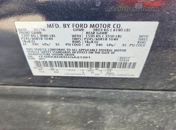 1FM5K8D85HGA21391 2017 FORD EXPLORER Black Widok naklejki z numerem VIN