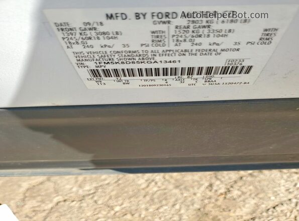 1FM5K8D85KGA13461 2019 FORD EXPLORER Белый Вид наклейки с VIN-кодом