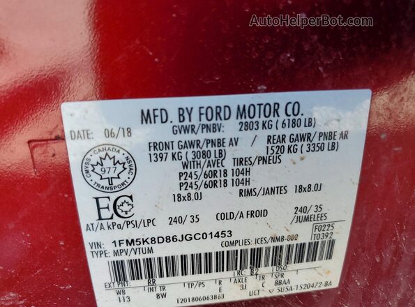 1FM5K8D86JGC01453 2018 FORD EXPLORER Burgundy Vista de la etiqueta del VIN