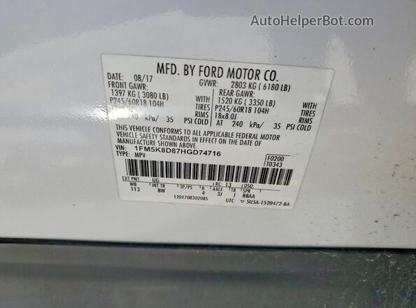 1FM5K8D87HGD74716 2017 FORD EXPLORER White Widok naklejki z numerem VIN