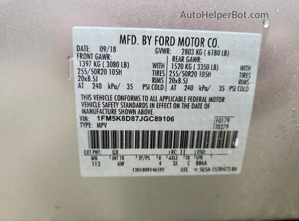 1FM5K8D87JGC89106 2018 FORD EXPLORER Silver Widok wnętrza 360 stopni