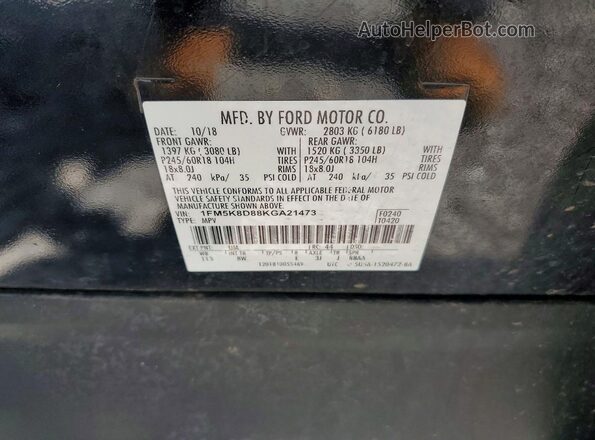 1FM5K8D88KGA21473 2019 FORD EXPLORER Black Widok naklejki z numerem VIN