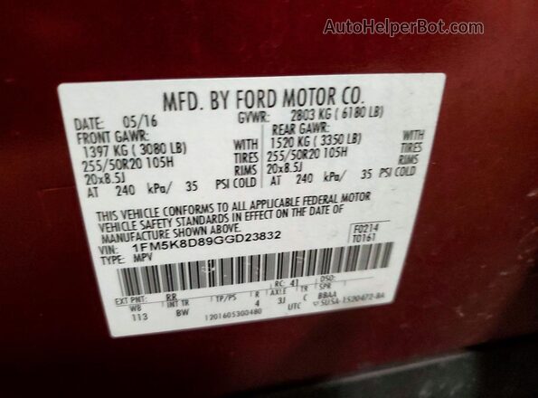 1FM5K8D89GGD23832 2016 FORD EXPLORER Красный Вид наклейки с VIN-кодом