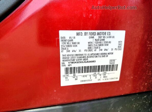 1FM5K8D89JGA64993 2018 FORD EXPLORER Red VIN კოდის სტიკერის ხედი