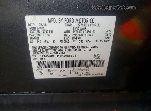1FM5K8DH1HGA56624 2017 FORD EXPLORER Gray VIN sticker view
