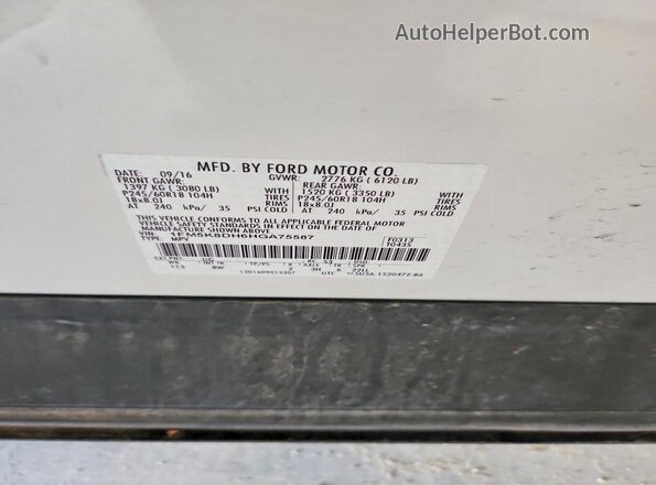 1FM5K8DH6HGA75587 2017 FORD EXPLORER White Widok naklejki z numerem VIN