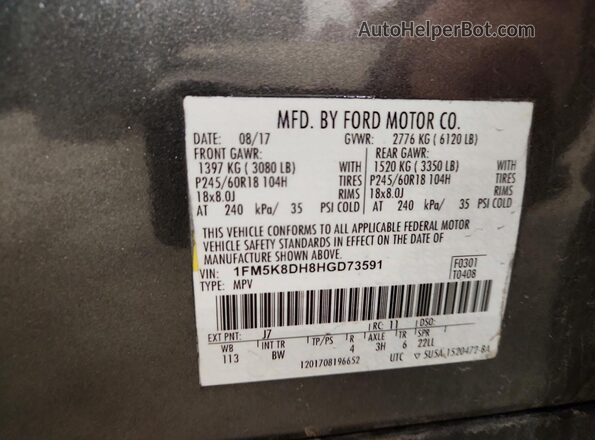 1FM5K8DH8HGD73591 2017 FORD EXPLORER Серый Панорамный вид салона 360°