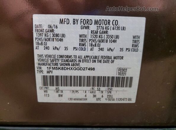 1FM5K8DHXGGD27498 2016 FORD EXPLORER Коричневый Вид наклейки с VIN-кодом