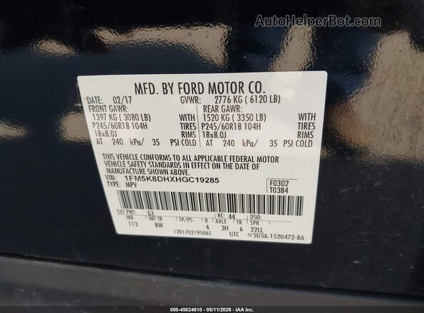 1FM5K8DHXHGC19285 2017 FORD FORD EXPLORER Черный Вид подкапотного пространства