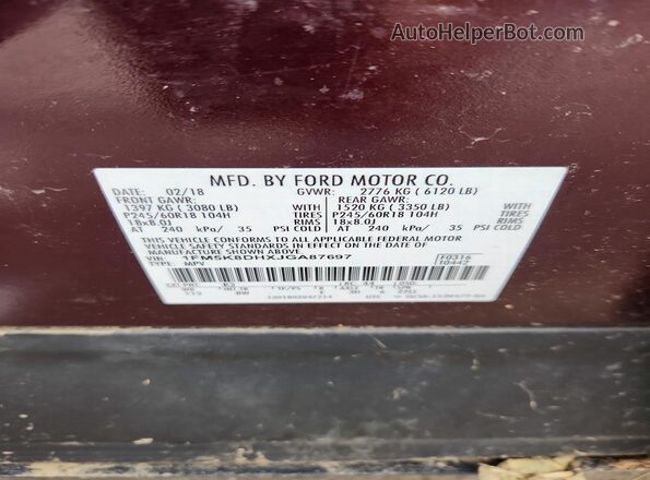 1FM5K8DHXJGA87697 2018 FORD EXPLORER Maroon Widok naklejki z numerem VIN
