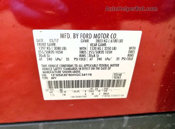 1FM5K8F80HGC34116 2017 FORD EXPLORER Burgundy VIN კოდის სტიკერის ხედი