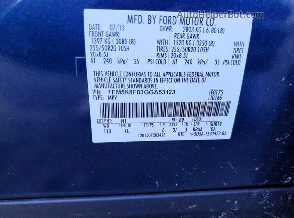 1FM5K8F83GGA53123 2016 FORD EXPLORER Blue Widok komory silnika