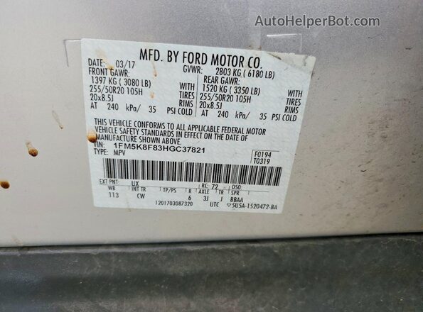 1FM5K8F83HGC37821 2017 FORD EXPLORER Silver Widok naklejki z numerem VIN