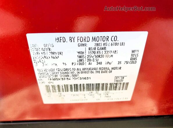 1FM5K8F84JGC31631 2018 FORD EXPLORER Красный Вид наклейки с VIN-кодом